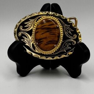 Myrtlewood Tiger Wood Style Gold Tone Western Scroll Belt Buckle Oval